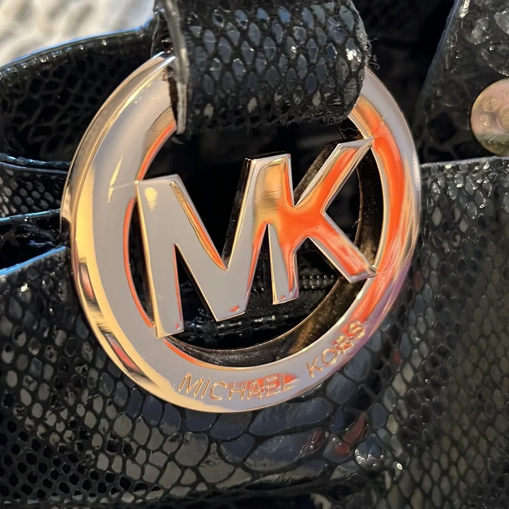 Michael Kors Fulton Black Snake skin Genuine Leather Tote Bag with Gold …